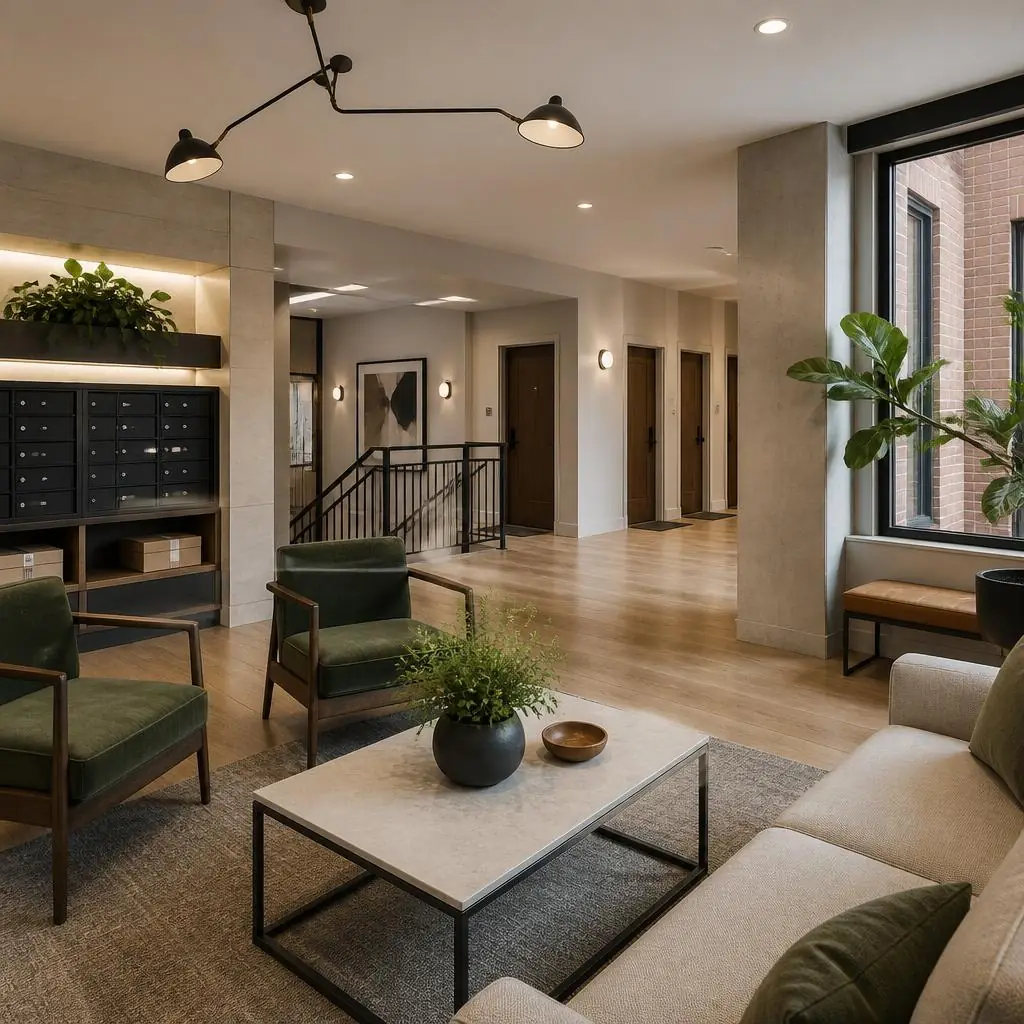 Illustrative shared multi-family lobby and resident amenity interior concept for 12 Locust St