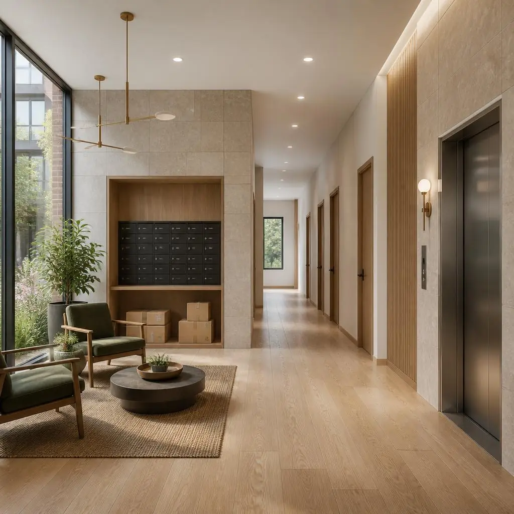 Illustrative shared multi-family lobby and resident amenity interior concept for 168 Force Tube