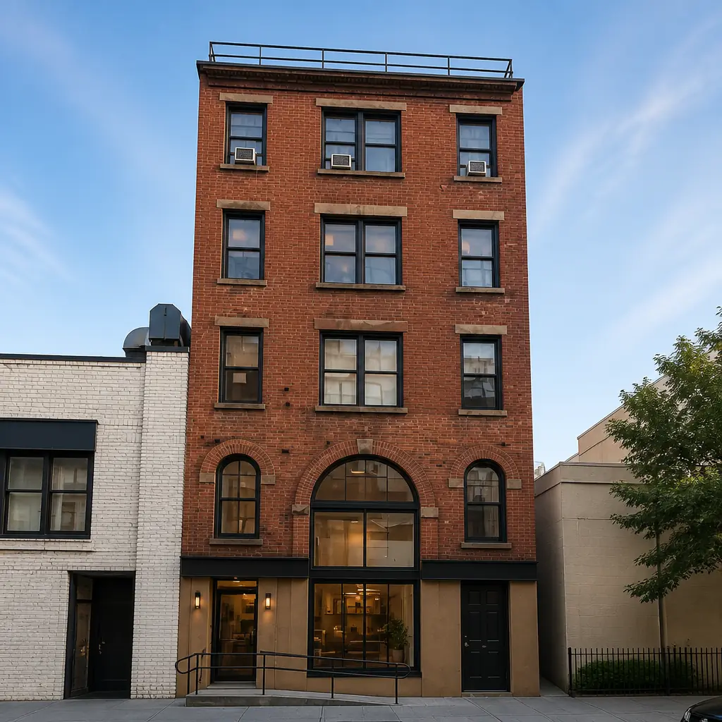 Illustrative AI-edited exterior rendering of 228 West Houston showing restored brickwork and neutral storefronts