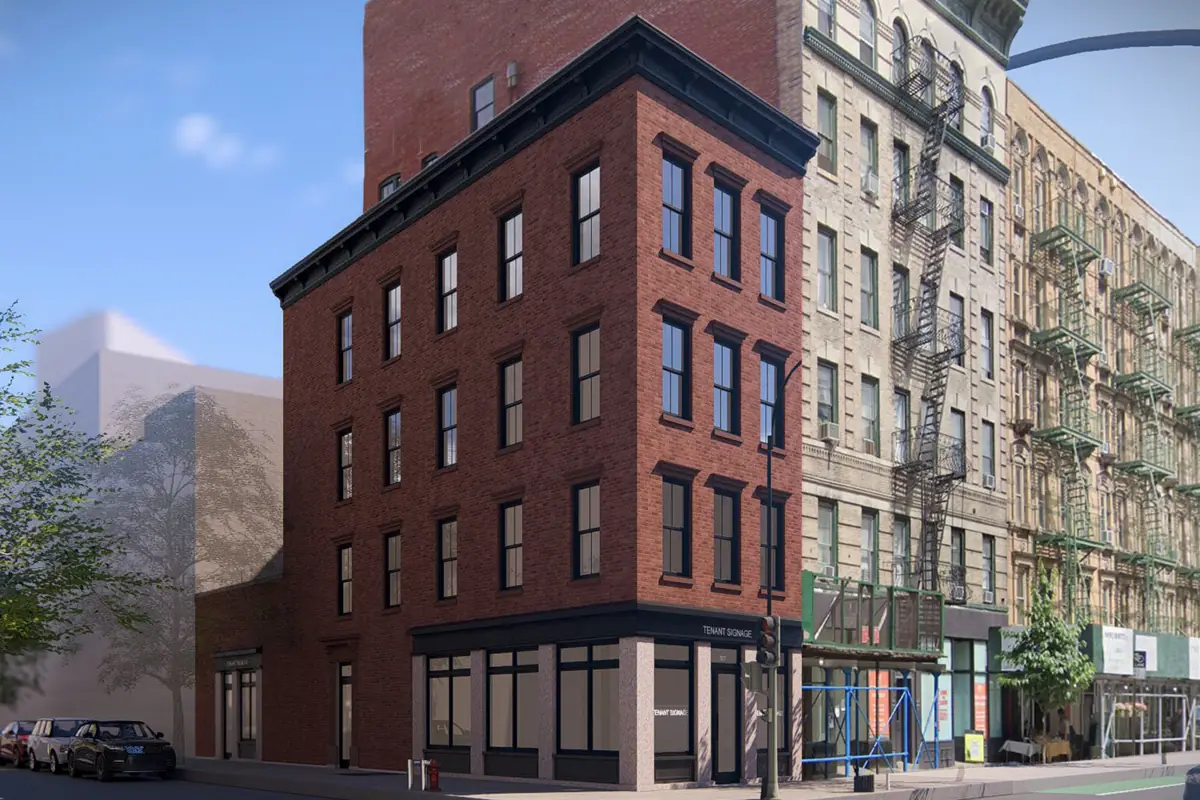 Architectural rendering of 327 Bleecker showing its red-brick corner facade, storefronts, and neighboring streetscape