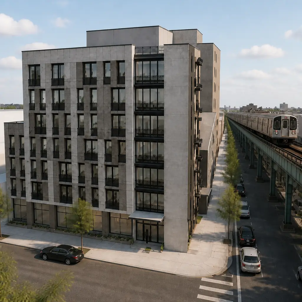 Illustrative AI-generated exterior rendering of 3285 Fulton St in Brooklyn, with an elevated train above the street-level road