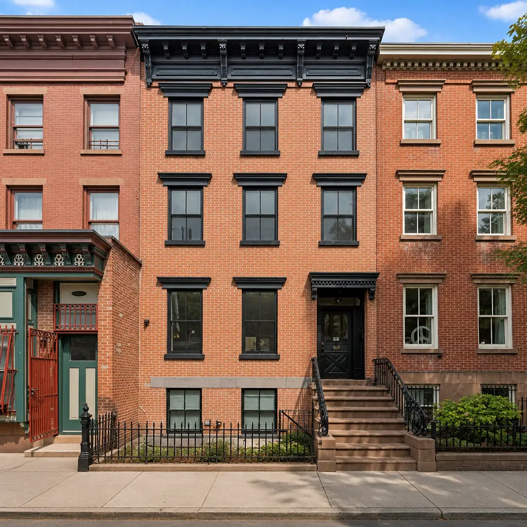 Illustrative AI-generated exterior rendering of 84 Union St, focused on its central red-brick facade and surrounding rowhouses