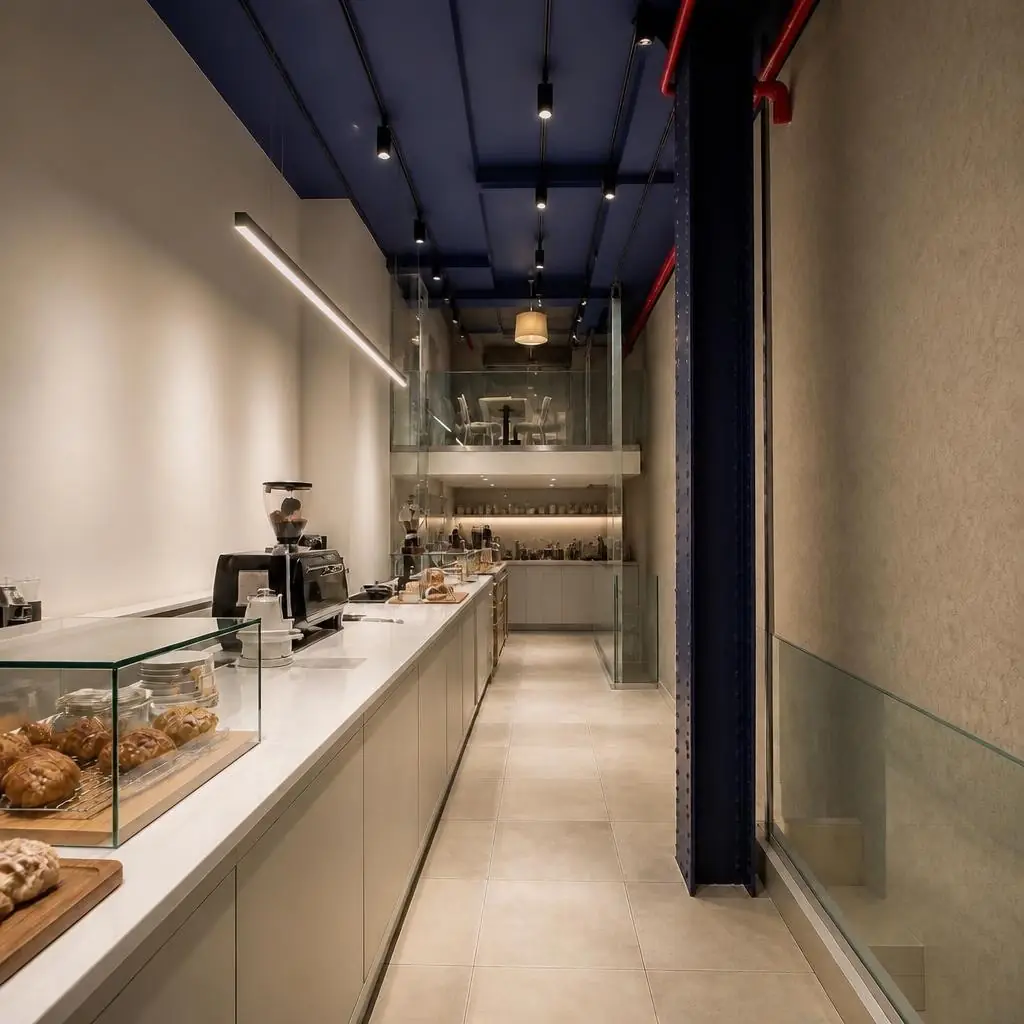 Illustrative AI-generated interior rendering of NoPLATES Coffee & Bakery viewed from the front toward the rear, with the pastry counter in the foreground and mezzanine seating at the back